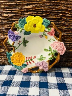 Vintage Fitz & Floyd Floral Garden Hand-Painted Ceramic Bowl / Dish Twig Handle